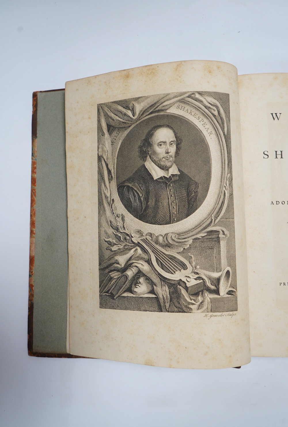 Shakespeare, William - The Works of Shakespear (sic) in six volumes. Adorned with Sculptures. (Edited by Sir Thomas Hanmer), second edition. portrait frontis., 2 plates of monuments and 36 others, num. pictorial tailpiec